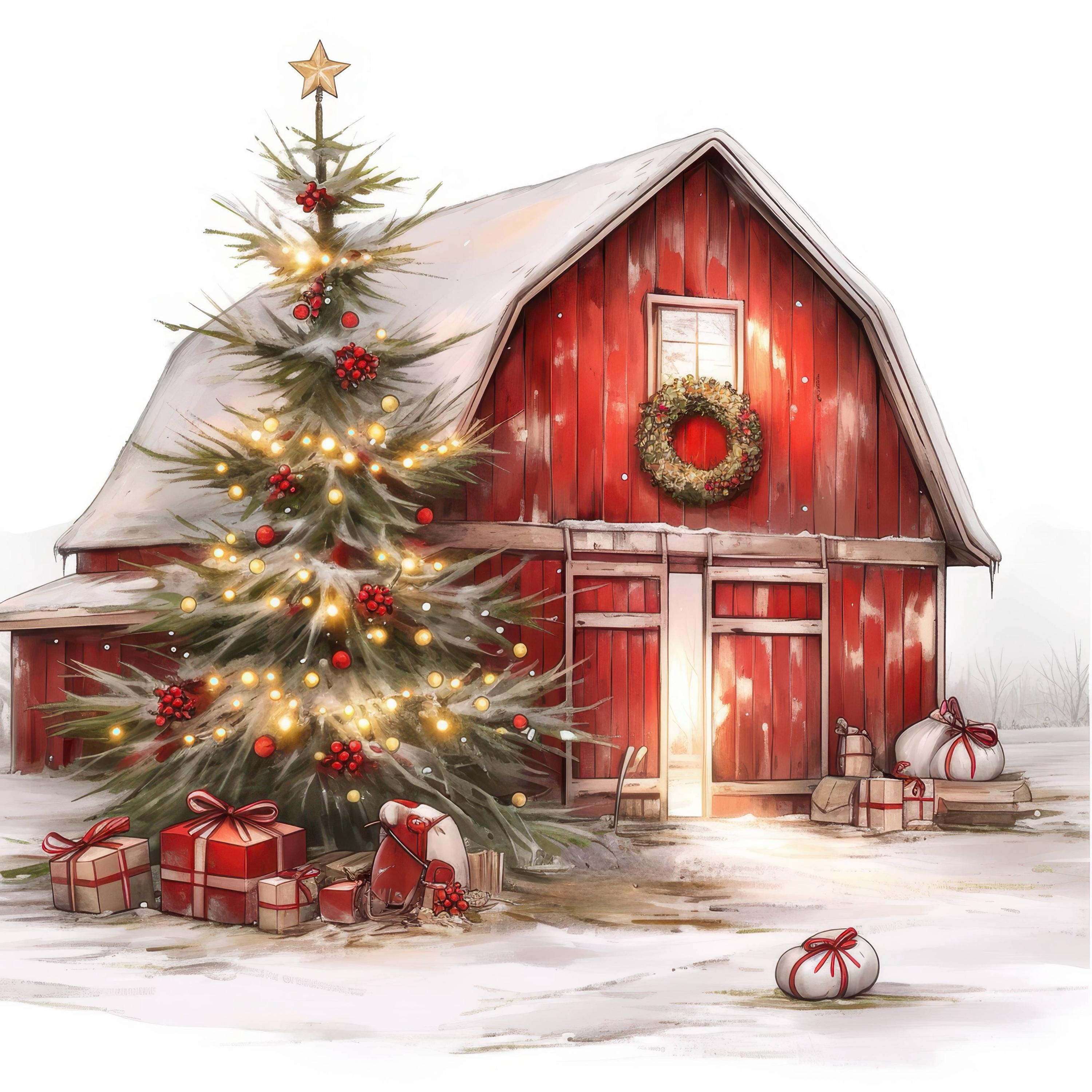 11 Christmas Red Barn Clipart Bundle, Festive Farm Scene Illustration ...