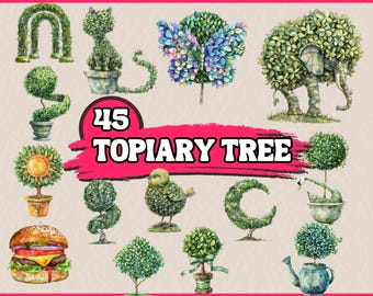 45 PNG Topiary Tree Clipart | Tree Shaped Like Cat, Bird, Moon, Butterfly Clipart, Topiary Work Illustrations | Garden Decor Commercial Use