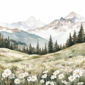 May include: A watercolour painting depicting a mountain scene with snow-covered peaks, fir trees, and a meadow of white daisies. The artwork uses soft, muted colours to create a peaceful and natural atmosphere.