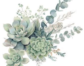 15 Greenery Bouquet Clipart Bundle, Succulent Bloom Illustration, Printable Watercolor Clipart, High Quality JPG, Paper Craft, Junk Journals
