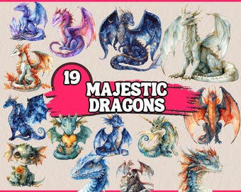 19 PNG Majestic Dragons Clipart, Wyvern with Celestial Elements Clipart, Illustrations, Fantasy Clipart Bundle | Download for Commercial Use