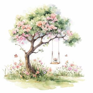 May include: Watercolor illustration of a tree with pink blossoms, a wooden swing, and butterflies. The tree's branches extend over a swing with a small pot of flowers. The scene is set in a grassy area with wildflowers.