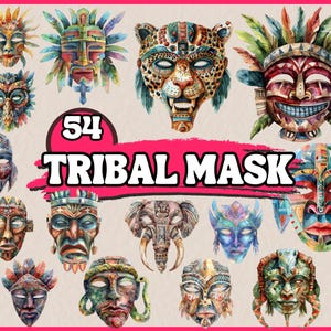 Aquarell Tribal Maske Clipart Bundle, afrikanische Tiki Maske Clip Art Set, Hawaiianische Clipart, PNG Grafik Illustration für Aufkleber, Scrapbooking