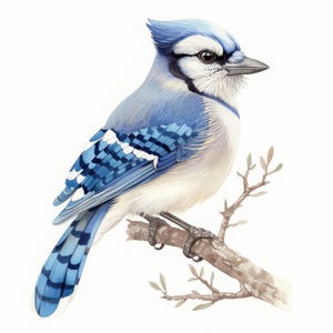 10 Blue Jay Bird Clipart Bundle, Songbird in Tree Art, Printable Watercolor Clipart, High Quality JPG, Paper Craft, Junk Journals