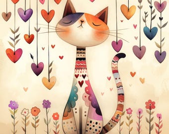 May include: A colourful cat with orange, white and blue fur sits in front of a background of hanging hearts. The cat has closed eyes and a happy expression. The hearts are in various colours, including red, pink, purple and blue.