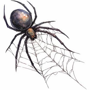 May include: Watercolor illustration of a black spider with a large, round abdomen and long, segmented legs. The spider is positioned above a delicate, web-like structure. The artwork features a detailed, realistic style with a white background.