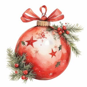 10 Red Bauble Decor Clipart Bundle, Christmas Ornament Illustration, Printable Watercolor Clipart, High Quality JPG, Paper Craft, Journals