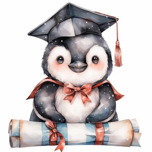 10 Graduation Penguins Clipart, Penguin With Red Scarves Illustration ...