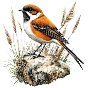 May include: A detailed illustration of a bird with orange, black, and white plumage perched on a speckled rock. The bird is surrounded by tall grass and wheat stalks, set against a white background. The bird's beak is black, and its eyes are visible.