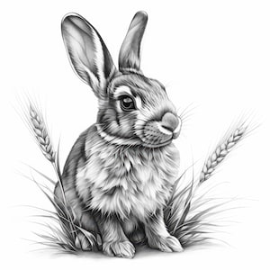 May include: A monochrome illustration of a rabbit amidst wheat and grass. The rabbit, with its long ears and fluffy fur, is the focal point. The artwork is detailed, with a realistic style, and set against a plain white background.