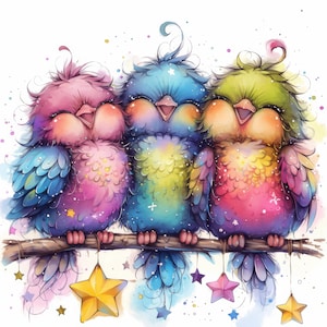 Quirky Bird Family With Stars Clip Art 11 High Res Watercolor JPGs for Junk Journaling, Scrapbooking, Card Making, Digital Download, Fantasy