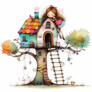 Quirky Treehouse Clip Art 10 High Res Watercolor JPGs Junk Journals, Scrapbooking, Card Making, Digital Download Kit, Fantasy, Whimsical