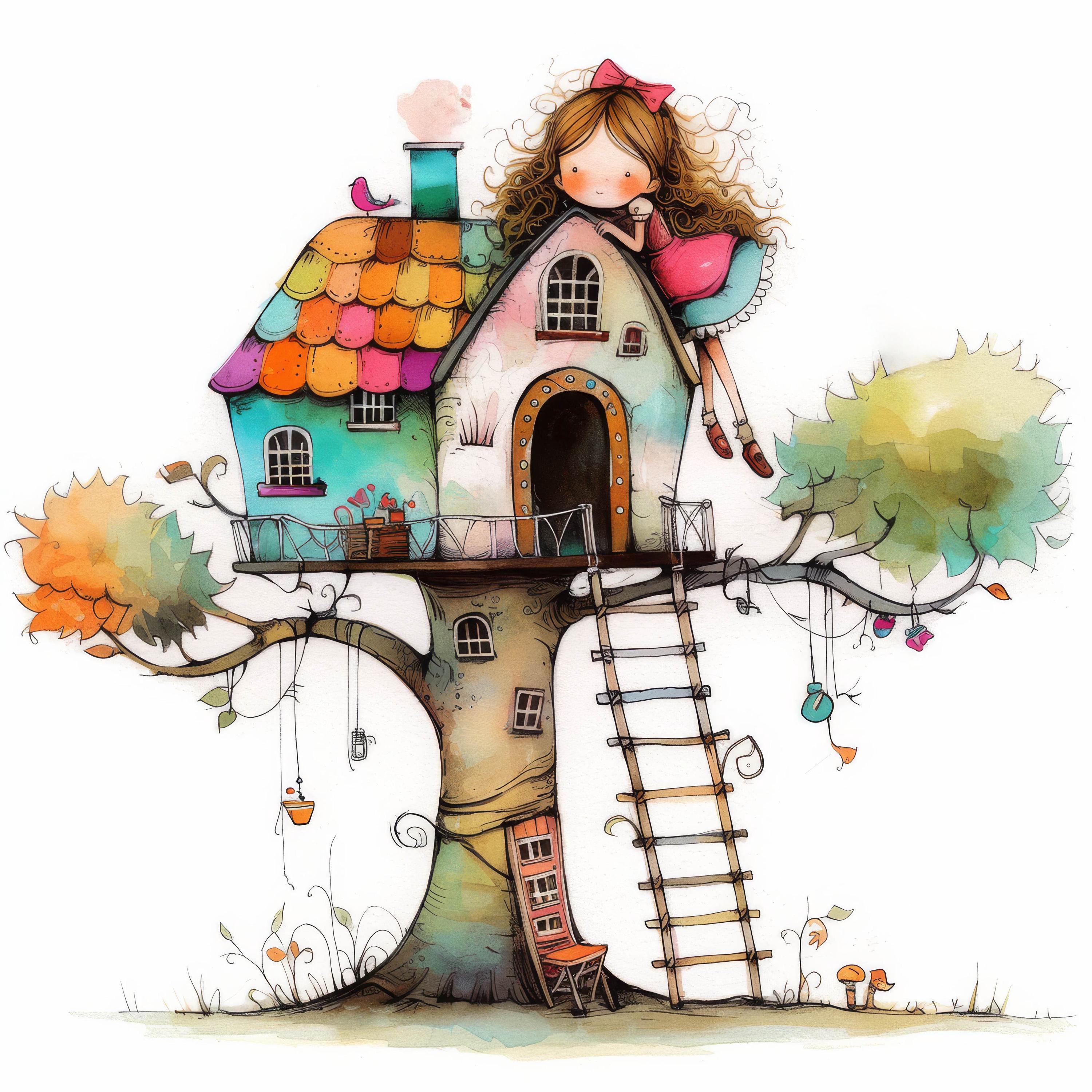 Quirky Treehouse Clip Art 10 High Res Watercolor JPGs Junk Journals, Scrapbooking, Card Making, Digital Download Kit, Fantasy, Whimsical