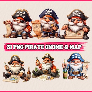 Clipart Nain pirate avec carte au trésor 31 PNG | Aquarelle imprimable | PNG de haute qualité | Téléchargement numérique | Créations en papier | Journal indésirable