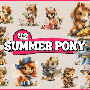 Aquarell Sommer Pony Clipart Bundle, Ponys Clip Art Set, Baby Pferd PNG Grafiken, süßes Tier digitale Illustration, kommerzielle Nutzung