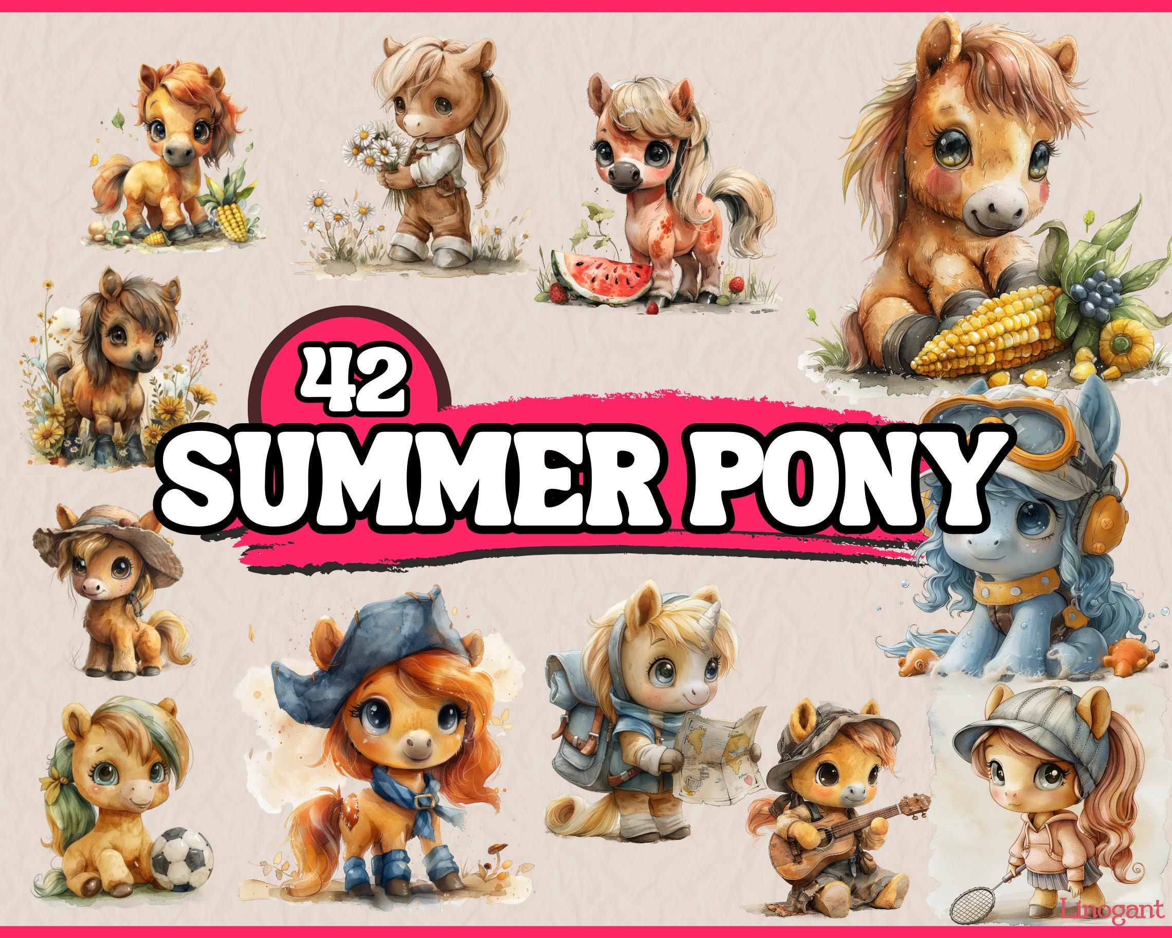 Watercolor Summer Pony Clipart Bundle, Ponies Clip Art Set, Baby Horse PNG Graphics, Cute Animal Digital Illustration, Commercial Use