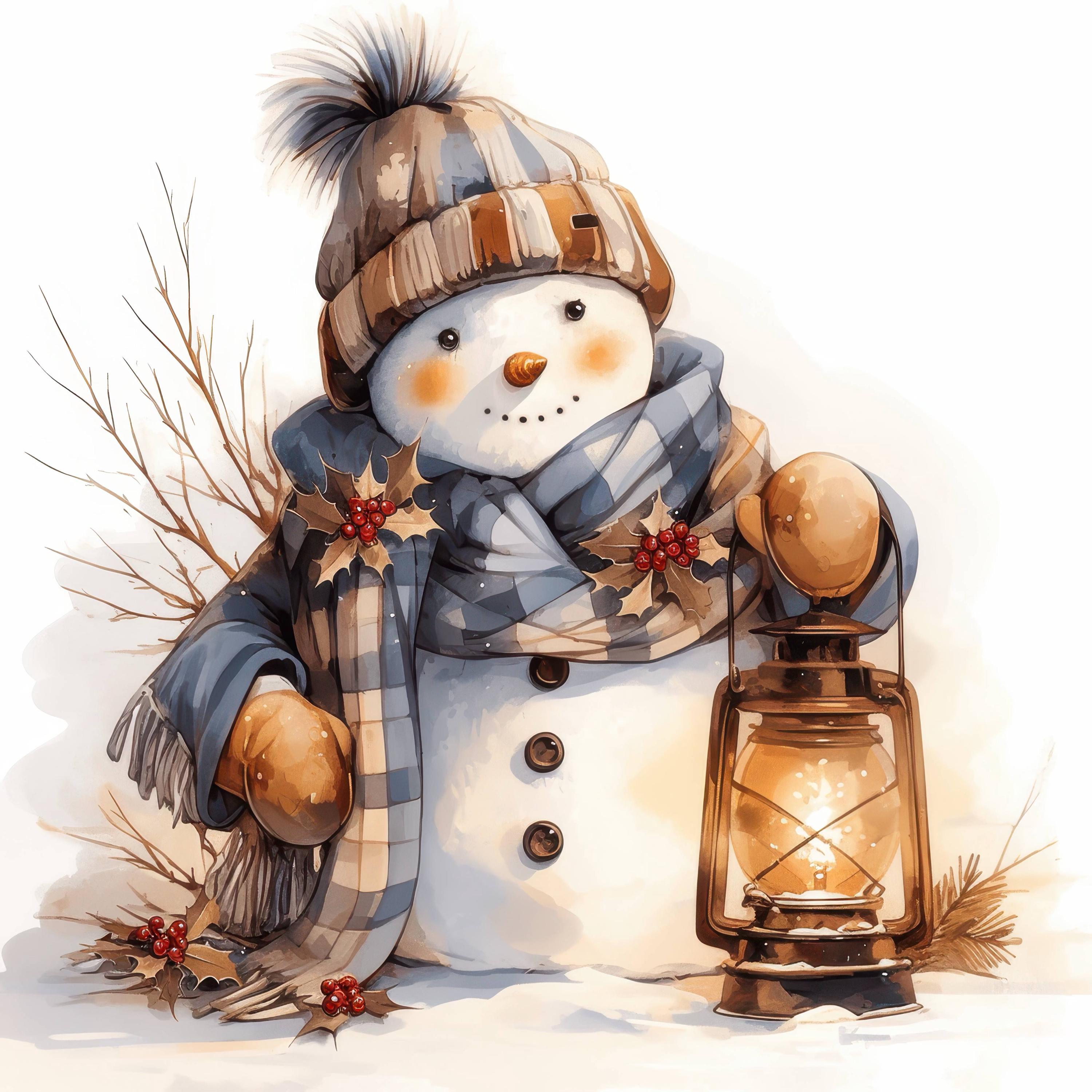 冬の風景に描かれたレトロな雪だるまのイラスト15点、お祝いの