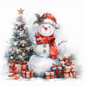 13 Snowman Clipart, Christmas Watercolor Bundle, Festive Winter Character Illustration, Printable Clipart, High Quality JPG, Paper Craft