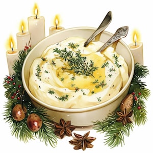 Op de afbeelding: Waterverfillustratie van een kom aardappelpuree, gegarneerd met kruiden en olie. De kom is omgeven door feestelijk groen, steranijs en brandende kaarsen, wat een feestelijke sfeer oproept.