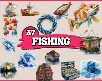Watercolor Fishing Clipart Bundle, Fisherman Gear Clip Art Set, Lure, Boat, PNG Graphics, Gone Fishing Illustration, Outdoor, Commercial Use
