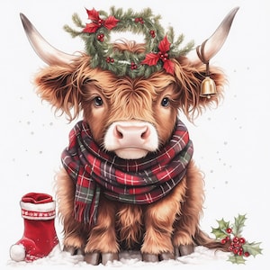13 Highland Cow Christmas Clipart Bundle, Festive Farm Animal Illustration, Printable Watercolor Clipart, High Quality JPG, Paper Craft