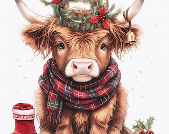 13 Highland Cow Christmas Clipart Bundle, Festive Farm Animal Illustration, Printable Watercolor Clipart, High Quality JPG, Paper Craft