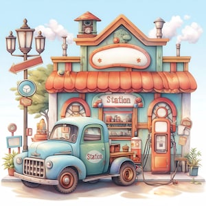 Dreamy Gas Station Clip Art 13 High Res Watercolor JPGs for Junk Journaling, Scrapbooking, Card Making, Digital Download, Unique, Commercial