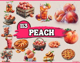 Watercolor Peach Clipart Bundle, Fruits Clip Art Set, Peach Cheese Cake, Digital Download, Spring PNG Graphics, Digital Peach Illustration