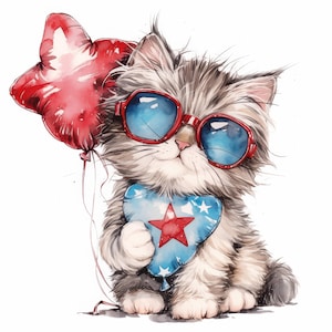 12 Patriotic Cat Clipart, 4th of July Clipart, USA Clipart, Printable Watercolor Clipart, High Quality JPG, Independence Day, Junk Journals