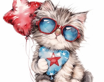 12 Patriotic Cat Clipart, 4th of July Clipart, USA Clipart, Printable Watercolor Clipart, High Quality JPG, Independence Day, Junk Journals