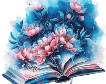 16枚の魔法の花の本のクリップアートバンドル、魅惑的な読書イラスト、印刷可能な水彩クリップアート、高品質のJPG、ペーパークラフト
