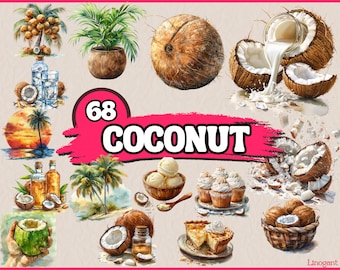 Watercolor Coconut Clipart Bundle, Tropical Clip Art Set, Coconut Trees, PNG Graphics, Summer Drink, Coconut Illustration, Digital Download