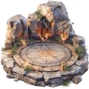 Puede incluir: Un altar de piedra con un diseño de brújula, rodeado de rocas, vegetación y velas encendidas. El altar circular tiene una rosa de los vientos detallada en el centro. Las rocas son de varios tonos de gris y marrón, con plantas verdes.