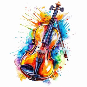 Violin Color Splash Clip Art 10 High Res Watercolor JPGs Junk Journaling, Scrapbooking, Card Making, Digital Download, Fantasy, Whimsical