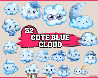 Watercolor Cute Blue Cloud Clipart Bundle, Kawaii Nursery Decor Clip Art Set, Baby Shower PNG Graphics,  Digital Illustrations, Pastel Tone
