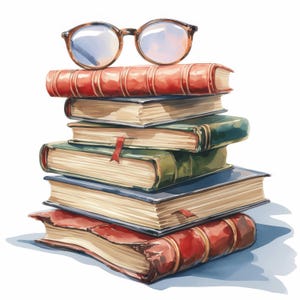 Könnte beinhalten: Ein Stapel Bücher mit einer Brille mit Schildpattmuster obenauf. Die Bücher sind in verschiedenen Farben, darunter Rot, Grün und Blau, einige mit roten Lesebändchen. Das Bild ist im Aquarellstil gehalten.