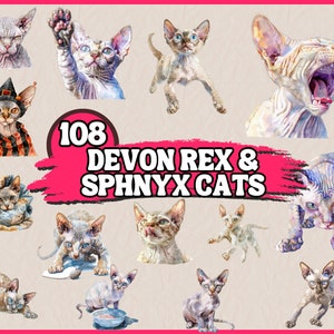 May include: A collection of 108 watercolor illustrations of Devon Rex and Sphynx cats in various poses. The cats are depicted in a variety of colors, including white, gray, and black. Some of the cats are wearing costumes, such as a witch's hat and a striped shirt.
