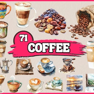 May include: A watercolour illustration of 71 different coffee-themed images, including cups of coffee, coffee beans, and coffee brewing equipment. The text "71 COFFEE" is written in bold, pink letters.