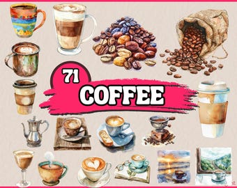 Ensemble de cliparts café aquarelle PNG, Java Clip Art, verre, coupe, crème glacée, haricot, mug, équipement de boisson chaude, téléchargement numérique de graphiques