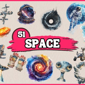 Pacchetto clipart spazio acquerello, set di clipart spazio, grafica PNG di astronauti e luna, illustrazioni di satelliti e alieni, uso commerciale