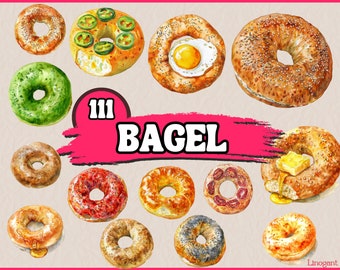 May include: A collection of 11 different types of bagels, including plain, everything, poppy seed, sesame seed, and a bagel with an egg inside. The bagels are painted in a watercolor style.
