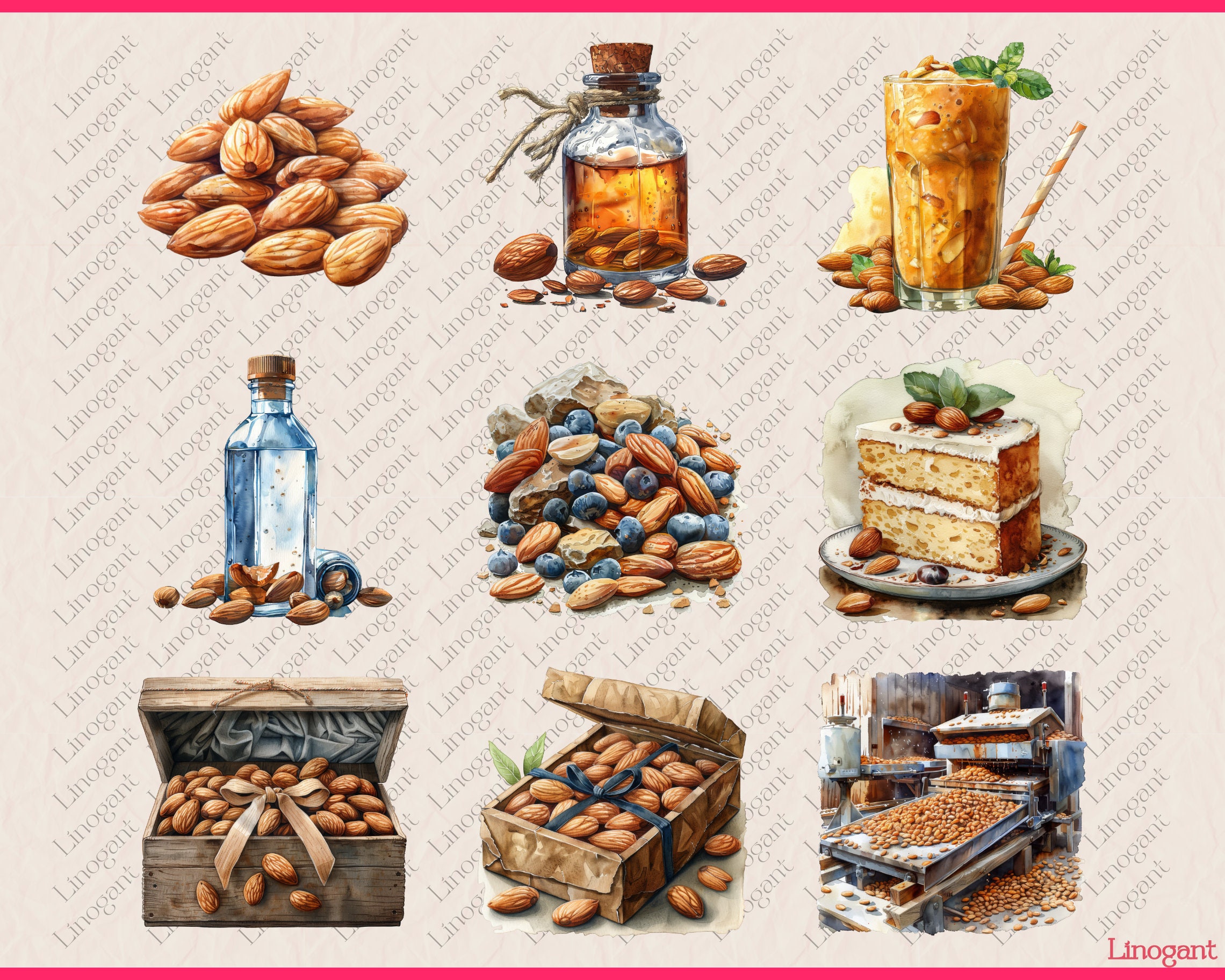 66 PNG Almond Clipart Bundle, Nuts Clip Art Set, Box, Sack, Bowl of ...
