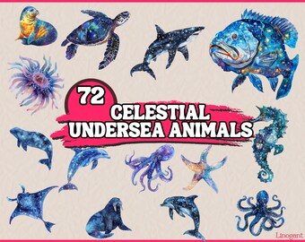 Watercolor Celestial Undersea Animals Clipart Bundle,Cosmic Under Sea with Stars Clip Art Set, Constellation PNG Graphic,Space Animal Images
