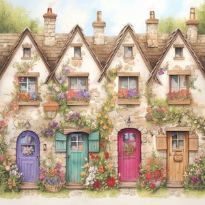 Puede incluir: Ilustración en acuarela de una hilera de pintorescas casas de piedra con puertas coloridas y jardineras rebosantes de flores. Las casas tienen tejados de tejas marrones y chimeneas, con plantas trepadoras.