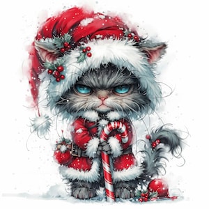 Grumpy Christmas Cats Clip Art 10 High Res Watercolor JPGs for Junk Journaling, Scrapbooking, Card Making, Digital Download, Fantasy, Winter