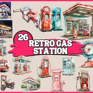 Retro Gas Station Clipart | Gas Station with Vintage Style, Gas Station Clipart Bundle, Illustrations | Instant Download for Commercial Use