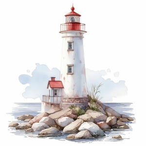 May include: Watercolor illustration of a white lighthouse with a red top and small building. The lighthouse sits on a rocky outcrop with green grass and is surrounded by water and a light blue sky.