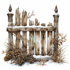 May include: Watercolor illustration of a weathered wooden fence with snow and pinecones. The fence has a rustic design with broken posts and a gate. Brown pinecones and dry grass are at the base of the fence, creating a wintery scene.