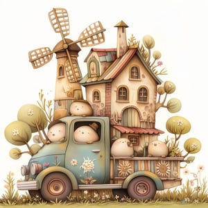 Whimsical Truck Clipart Bundle 10 High Res Watercolor JPGs for Junk Journaling, Scrapbooking, Card Making, Digital Download Kit, Fantasy