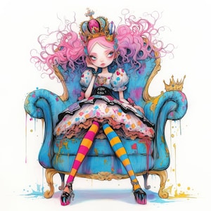 Quirky Queen Girl Clip Art 10 High Res Watercolor JPGs for Junk Journaling, Scrapbooking, Card Making, Digital Download, Fantasy, Whimsical